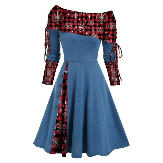 Women's Fall Dresses Vintage Christmas Printed Swing Dress Long Sleeve Off Shoulder Cocktail Dresses Christmas Gift