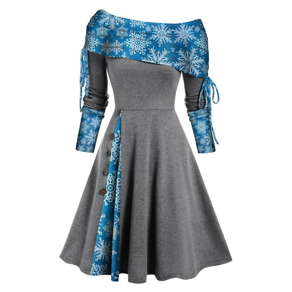 Women's Fall Dresses Vintage Christmas Printed Swing Dress Long Sleeve Off Shoulder Cocktail Dresses Christmas Gift