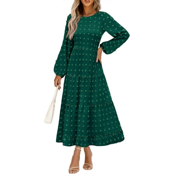 Women's Fall Elegant Long Sleeve Maxi Dress Swiss Dot A Line Flowy Casual Holiday Party Going Out Dresses