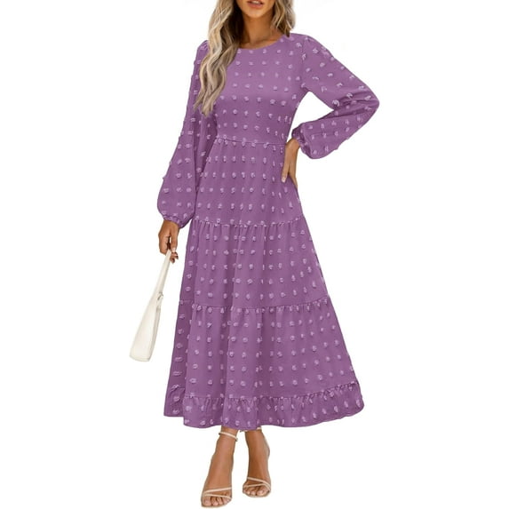 Women's Fall Elegant Long Sleeve Maxi Dress Swiss Dot A Line Flowy Casual Holiday Party Going Out Dresses
