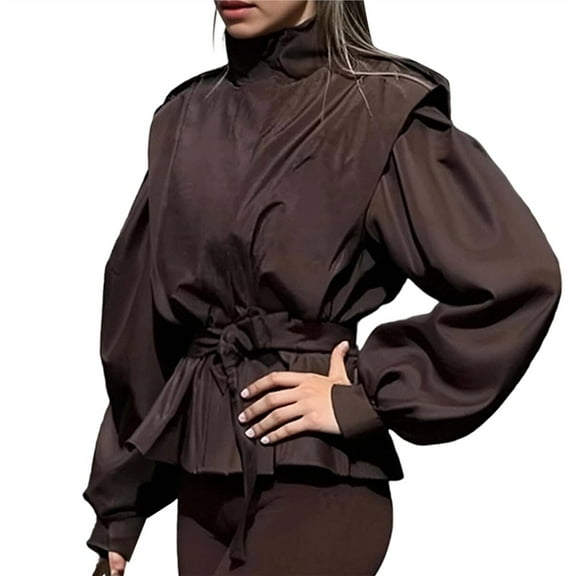 Women's Fall Fashion Long Sleeve Belted Jacket Cropped Jackets Windbreaker Coat Street Lounge Wear Brown XL