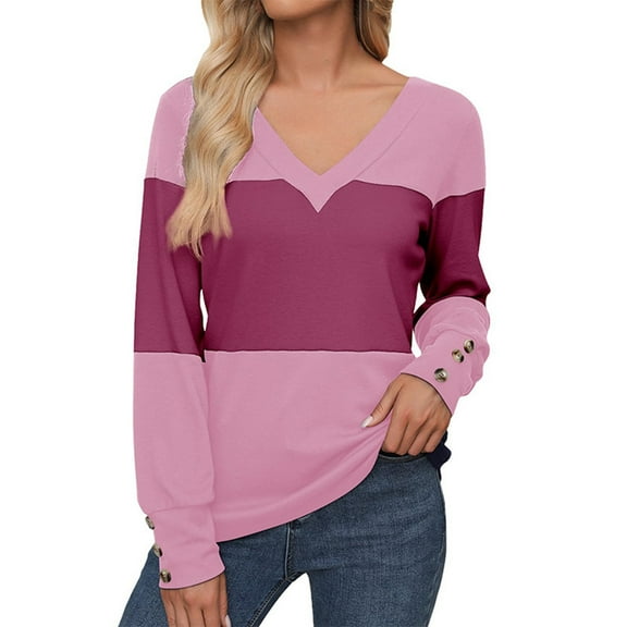 Women's Fall Fashion Long Sleeve Tops Color Block, Loose Fit, V Neck, Casual Pullover, Polyester, Trendy Design