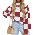 thumbnail image 1 of Women's Fall Fashion Roll-Neck Long Sleeve Plaid Ribbed Knit Loose Pullover Sweater Tops Burgundy Checkered 4XL, 1 of 9