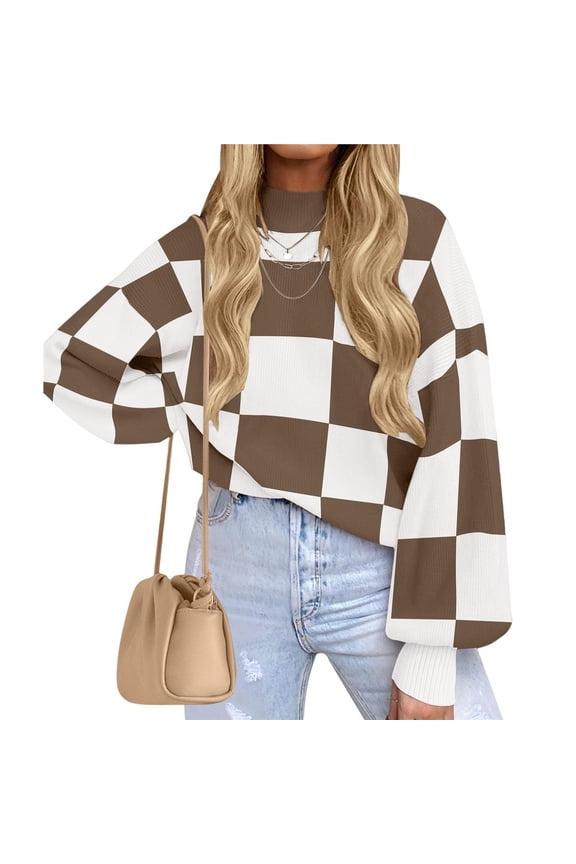 Women's Fall Fashion Roll-Neck Long Sleeve Plaid Ribbed Knit Loose Pullover Sweater Tops Camel Checkered S