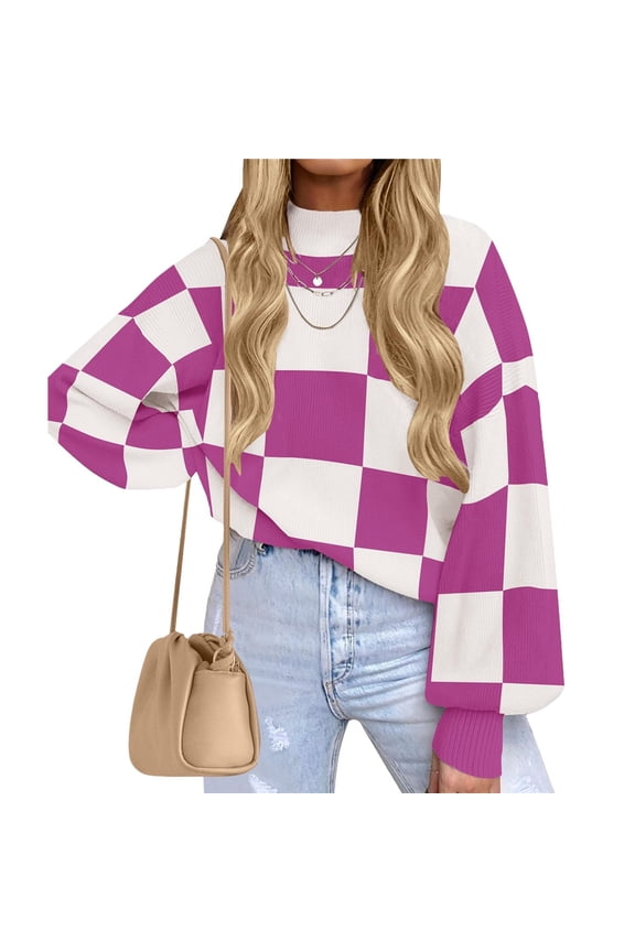Women's Fall Fashion Roll-Neck Long Sleeve Plaid Ribbed Knit Loose Pullover Sweater Tops Checkered S