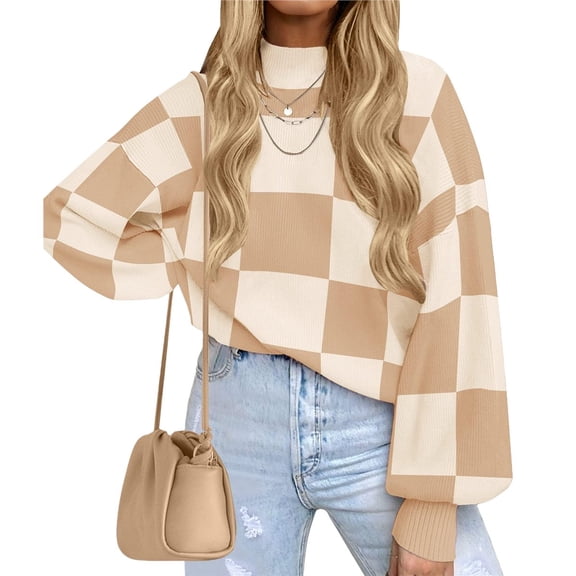 Women's Fall Fashion Roll-Neck Long Sleeve Plaid Ribbed Knit Loose Pullover Sweater Tops Khaki Checkered XL