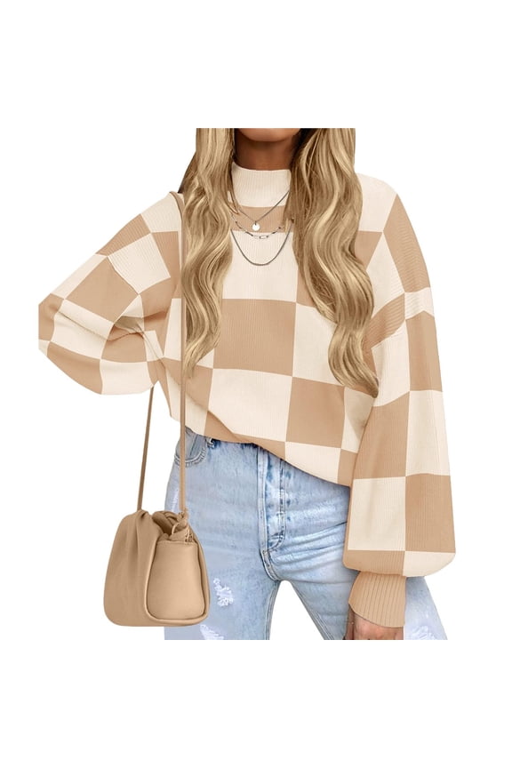 Women's Fall Fashion Roll-Neck Long Sleeve Plaid Ribbed Knit Loose Pullover Sweater Tops Khaki Checkered XL