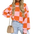 thumbnail image 1 of Women's Fall Fashion Roll-Neck Long Sleeve Plaid Ribbed Knit Loose Pullover Sweater Tops Orange Checkered S, 1 of 9