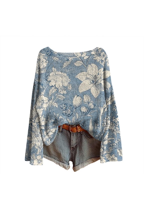 Women's Fall Fashion Round Neck Shirts Casual Retro Printed Lightweight Sweater Long Sleeve Knit Loose Fit Pullover