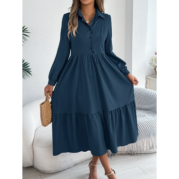 Women's Fall Fashion V Neck Long Sleeve Ruffle Dresses Tiered Swing Flowy Wedding Guest Cocktail Party Dress