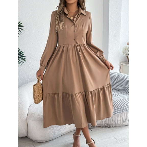 Women's Fall Fashion V Neck Long Sleeve Ruffle Dresses Tiered Swing Flowy Wedding Guest Cocktail Party Dress