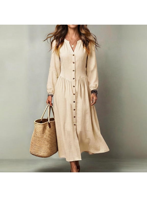Women's Fall Fit and Flare Maxi Dress, Long Sleeve Bishop Balloon Sleeve V-Neck Button Down Casual Dress M