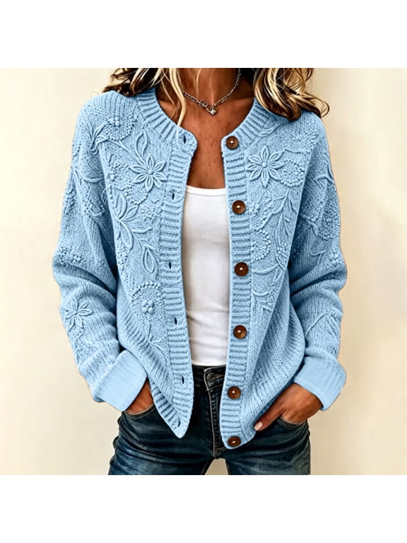 Women Cardigans Casual Floral Jacquard Button Down Long Sleeve Knit Sweater Loose Fit Soft Comfy Fall Clothes