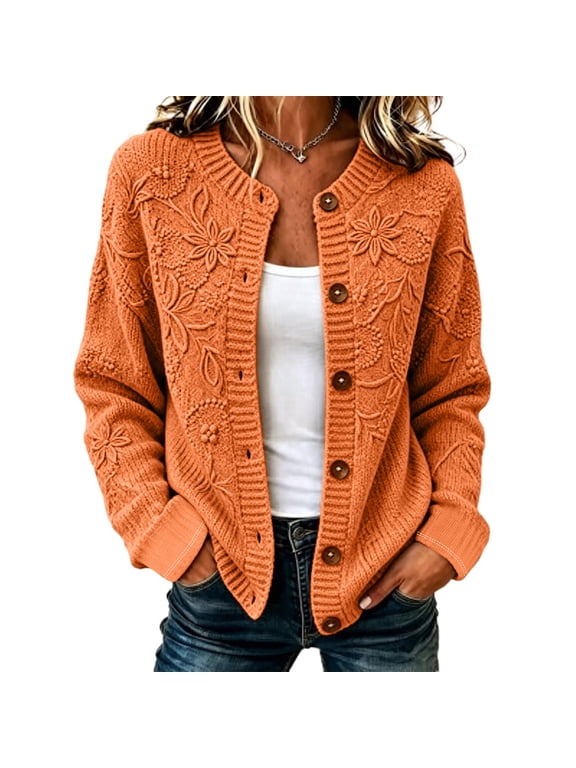 Women's Fall Floral Button Up Lightweight Long Sleeve Loose Cardigan Sweater Trendy,L