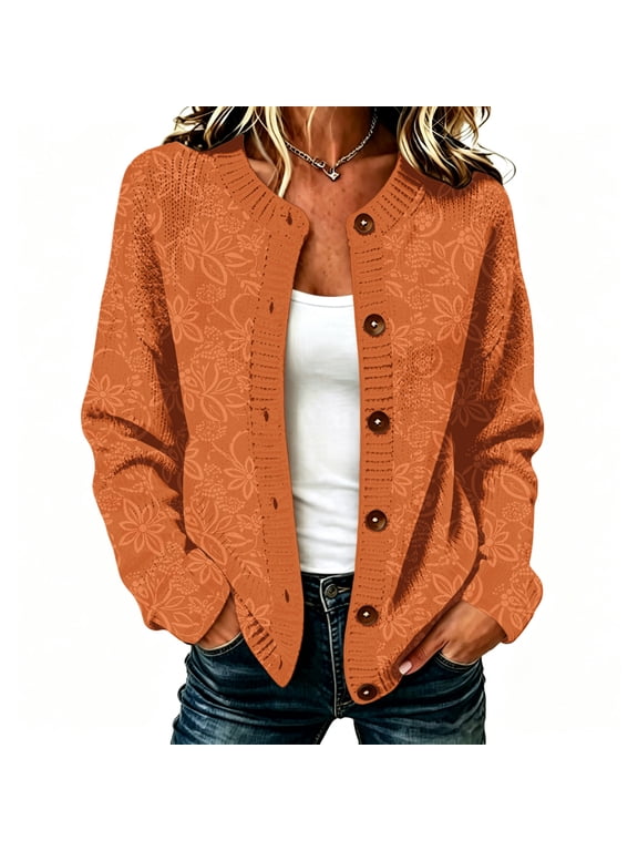 Women's Fall Floral Button Up Lightweight Long Sleeve Loose Cardigan Sweater Trendy,L
