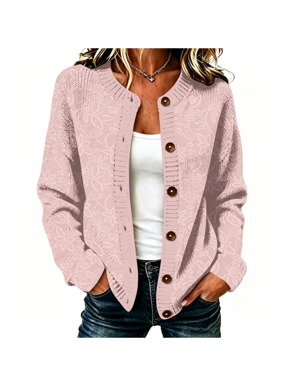 Women's Fall Floral Cardigan Button Up Open Front Lightweight Cardigan Sweater Trendy Long Sleeve Ribbed Knit Jackets, 3XL