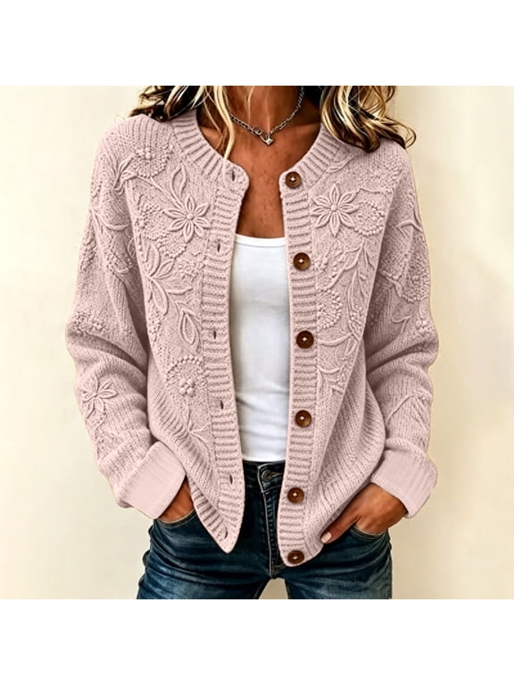 Women's Fall Floral Cardigan Button Up Open Front Lightweight Cardigan Sweater Trendy Long Sleeve Ribbed Knit Jackets, 3XL