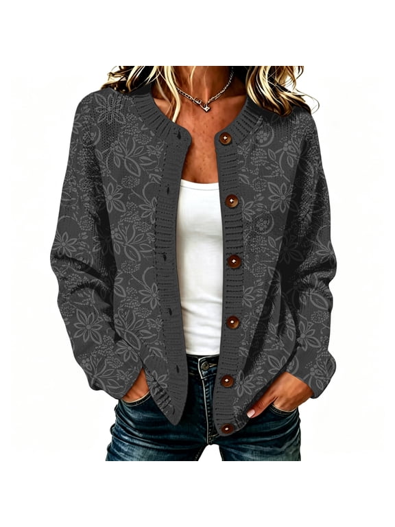 Women's Fall Floral Cardigan Button Up Open Front Lightweight Cardigan Sweater Trendy Long Sleeve Ribbed Knit Jackets, XL