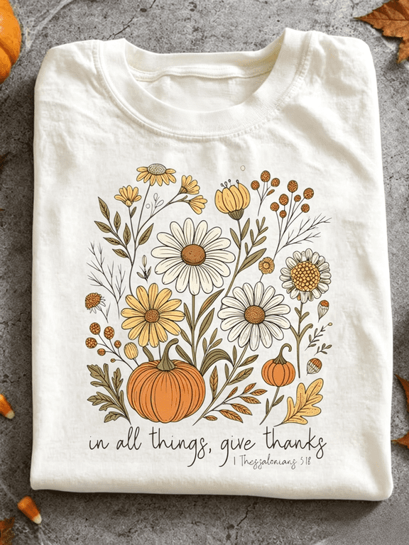 Women’s Fall Floral Pumpkin T-Shirt Christian Bible Verse 1 Thessalonians 5:18 Give Thanks Graphic Tee