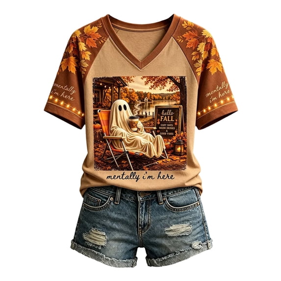 Women's Fall Football Shirts Pumpkin Maple Leaves Patchwork Print T-Shirt Pumpkin Season V Neck Graphic Tee Coffee M