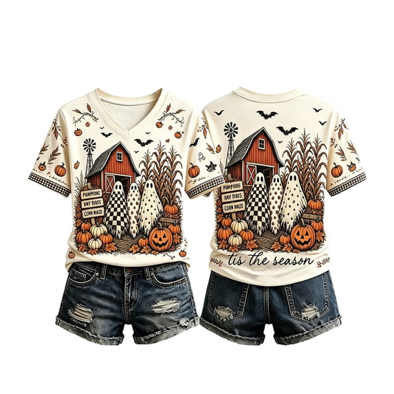 Women's Fall Football Shirts Pumpkin Maple Leaves Patchwork Print T-Shirt Pumpkin Season V Neck Graphic Tee White XXL
