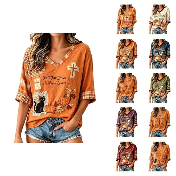 Women's "Fall For Jesus" Halloween V Neck 3/4 Sleeve T Shirt Faith-Inspired Casual Top