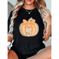 thumbnail image 1 of Women’s Fall Graphic T-Shirt, Pumpkin with Bow and Floral Print, Cotton Short Sleeve, S-4XL, 1 of 6