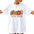 thumbnail image 1 of Women's Fall Graphic T-Shirt, Short Sleeve Crew Neck Casual Tee with Pumpkin, Leaf and Football Design, White, 1 of 6