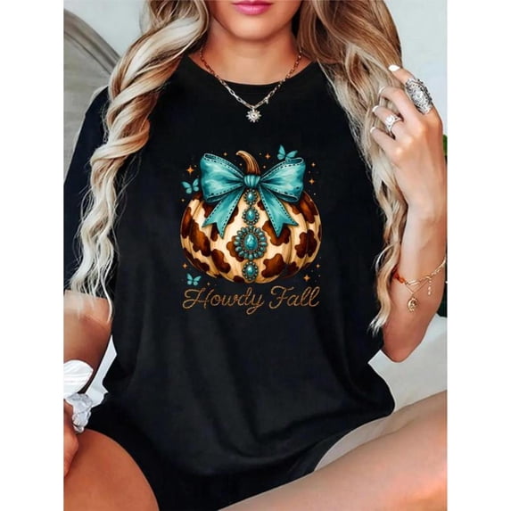 Women's Fall Graphic Tee,Western Thanksgiving T-Shirt, Short Sleeve Top with Pumpkin & Maple Leaf Pattern,Retro,cotton,black,S-5XL