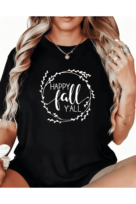 Women's Fall Greeting T Shirt Casual Top Seasonal Graphic Cotton Short Sleeve Round Neck Black S-5XL