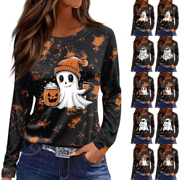 Women's Fall Halloween Crew Neck Shir Long Sleeve Halloween Cute Tops Pumpkin Print Festive Autumn Top
