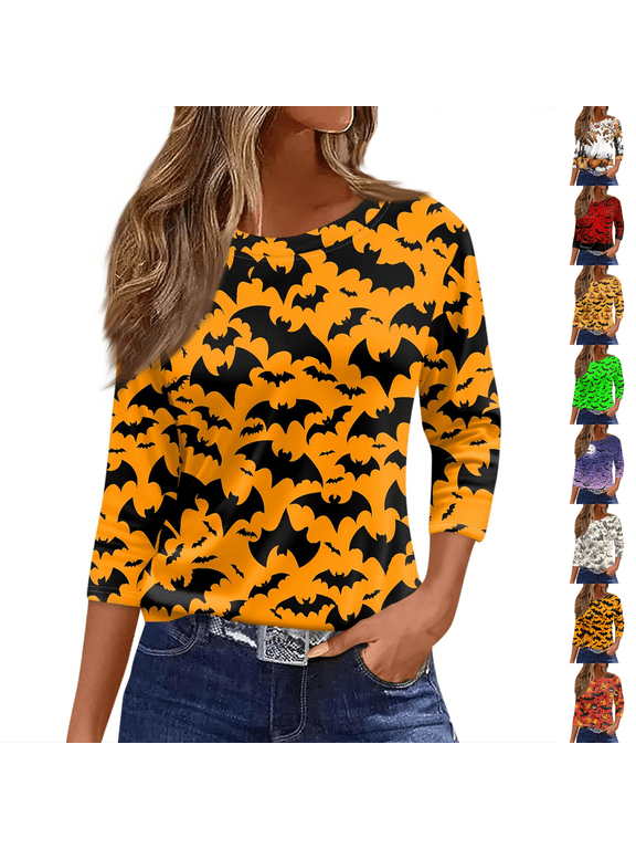 Women's Fall Halloween Crew Neck Shirt, Bats Graphic Tee | 3/4 Sleeve , Vintage, Funny Family Party Matching,Casual Holiday Tops,Spooky Season Tee