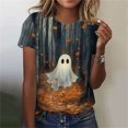 thumbnail image 1 of Women's Fall Halloween Shirts Forest Ghost Graphic Tees Short Sleeve Crew Neck T-Shirts Casual Autumn Leaves Novelty Tops Festive Holiday Wear, 1 of 6