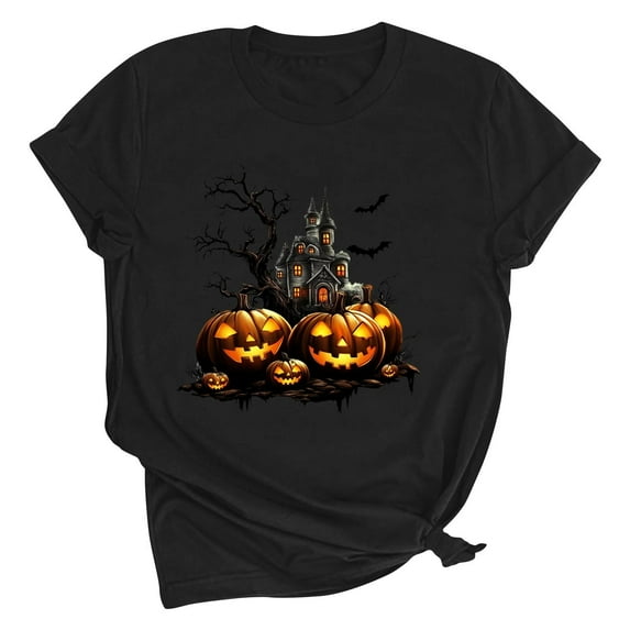Women's Fall Halloween Short Sleeve Crew Neck Shirt Vintage Graphic Tee Funny Family Party Matching Holiday Tops