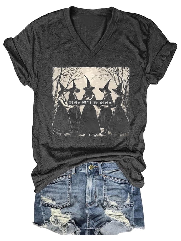 Women's Fall Halloween V Neck Shirt Pumpkin Witch Ghost Thankful Turkey Skeleton Graphic Tee Autumn Thanksgiving Tops Medium