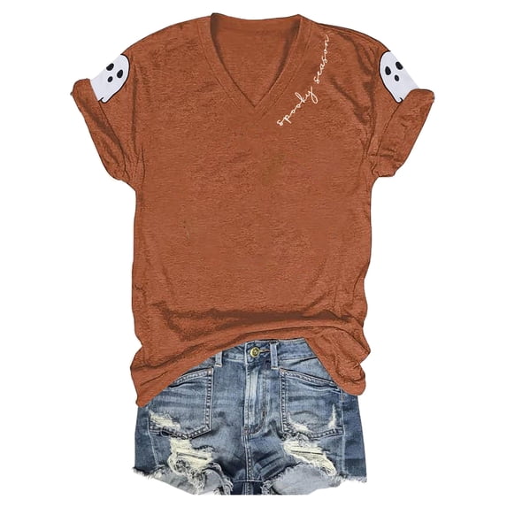 Women's Fall Halloween V Neck Shirt Pumpkin Witch Ghost Thankful Turkey Skeleton Graphic Tee Autumn Thanksgiving Tops X-Large