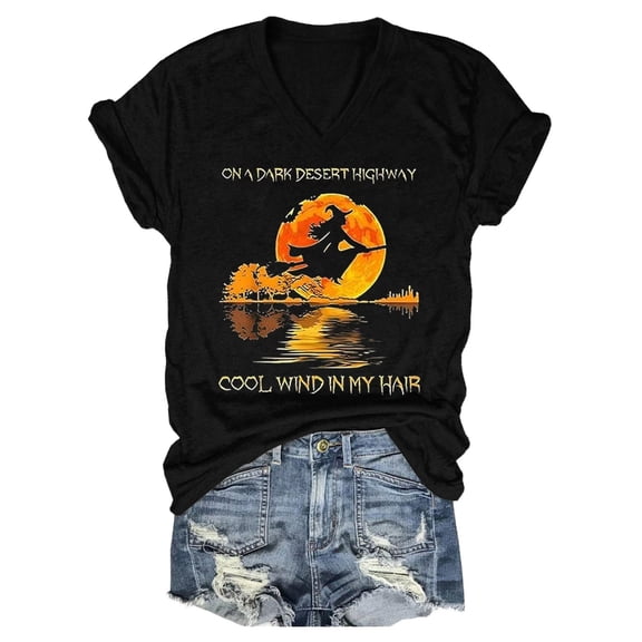Women's Fall Halloween V Neck Shirt Pumpkin Witch Ghost Thankful Turkey Skeleton Graphic Tee Autumn Thanksgiving Tops X-Large