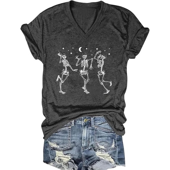Women's Fall Halloween V Neck Shirt Pumpkin Witch Ghost Thankful Turkey Skeleton Graphic Tee Autumn Thanksgiving Tops XX-Large