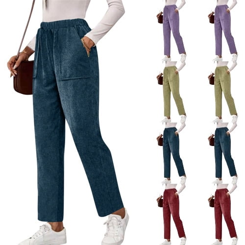 Women's Fall High Waisted Stretchy Loose Wide Leg Corduroy Pants Business Work Casual Trousers with Pockets, Dark Blue M