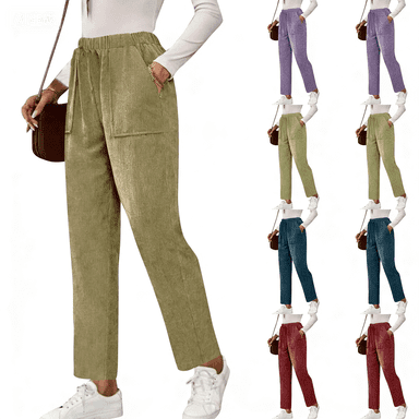 Women's Fall High Waisted Stretchy Loose Wide Leg Corduroy Pants Business Work Casual Trousers with Pockets, Light Green S