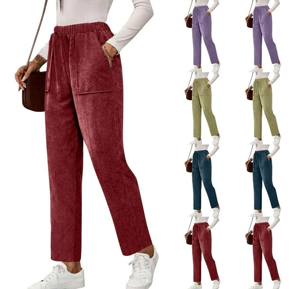 Women's Fall High Waisted Stretchy Loose Wide Leg Corduroy Pants Business Work Casual Trousers with Pockets, Wine XXL