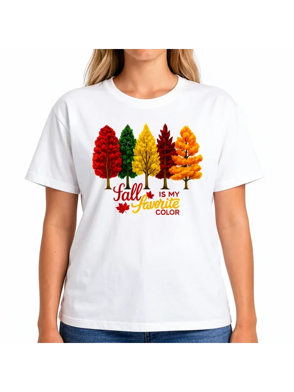 Women's Fall Is My Favorite Color Graphic T-Shirt, Autumn Trees Casual Tee