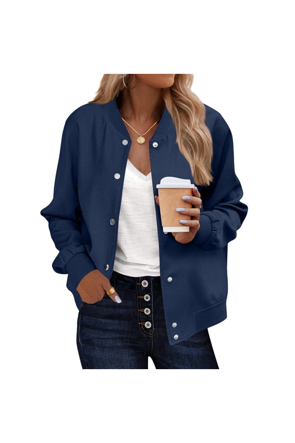Women's Fall Jacket, Cool Shacket Jackets, Solid Baseball Jacket, Crewneck Long Sleeve Outfits Button Fashion Outwear Casual Windbreaker(Dark Blue,S)