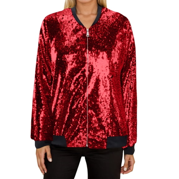 Women's Fall Jacket Glitter Sequin Long Sleeve Zipper Baseball Party Carnival Bomber Red