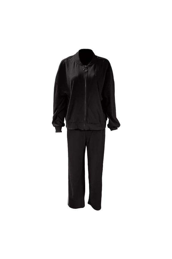 Women's Fall Jacket Solid Long Sleeve Zipper Sweatshrits Straight Leg Trouser Winter Clothes Black