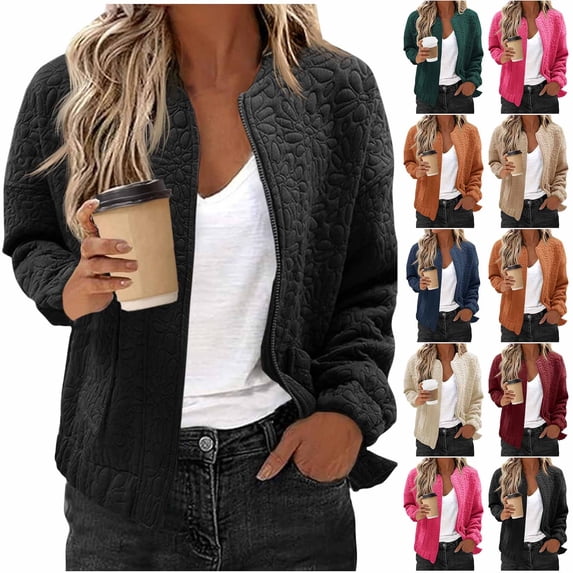 Women's Fall Jackets Bomber Jacket Textured Lightweight Zip Up Jackets Casual Stand Collar Zipper Coat Fall Outerwear L