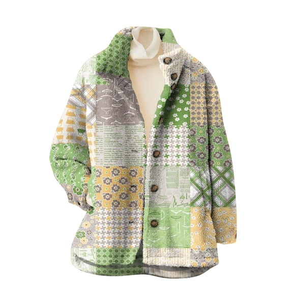 Women's Fall Jackets Vintage Floral Plaid Print Fleece Fuzzy Button Down Padded With Pocket Warm Outwears Coats