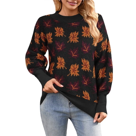Women's Fall Leaf Trendy Jacquard Sweater Casual Knitted Soft Cozy Pullover Sweaters Black S