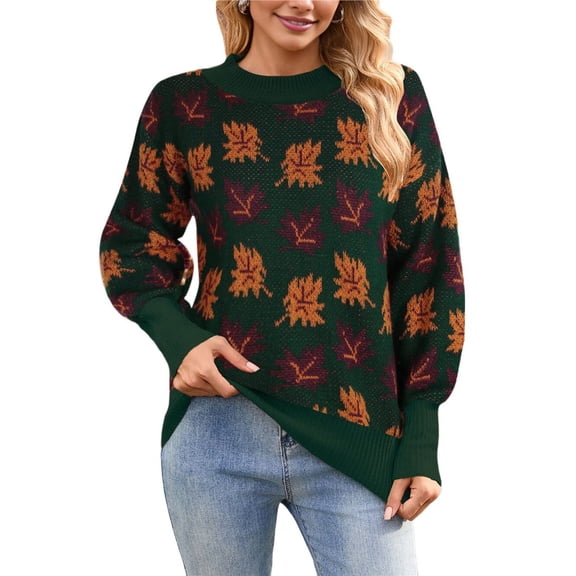 Women's Fall Leaf Trendy Jacquard Sweater Casual Knitted Soft Cozy Pullover Sweaters Green L