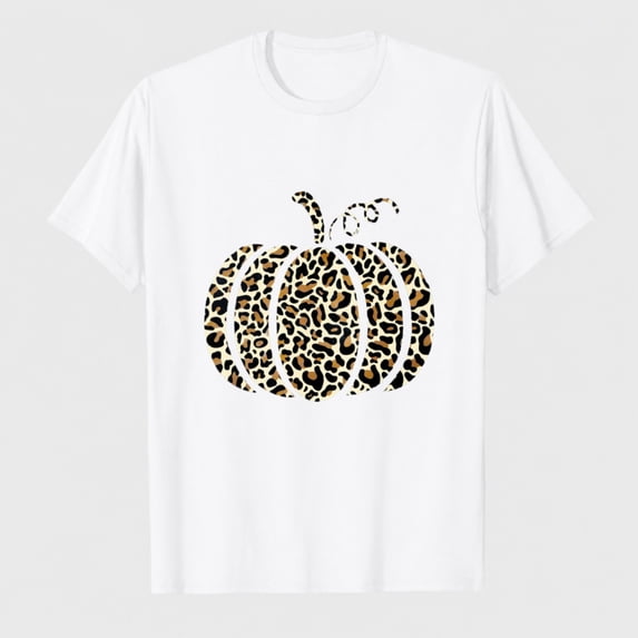 Women's Fall Leopard Pumpkin Graphic T-Shirt, 100% Cotton Short Sleeve Shirt